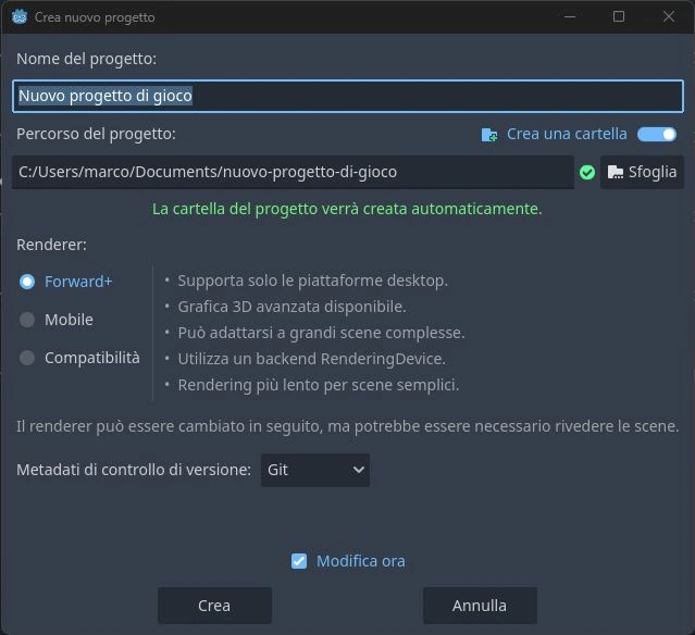 Videata per la creazione del nuovo progetto