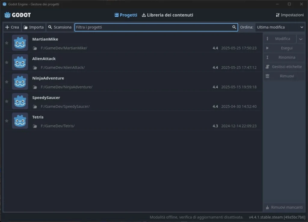 Videata dell'elenco dei progetti o per creare un nuovo progetto